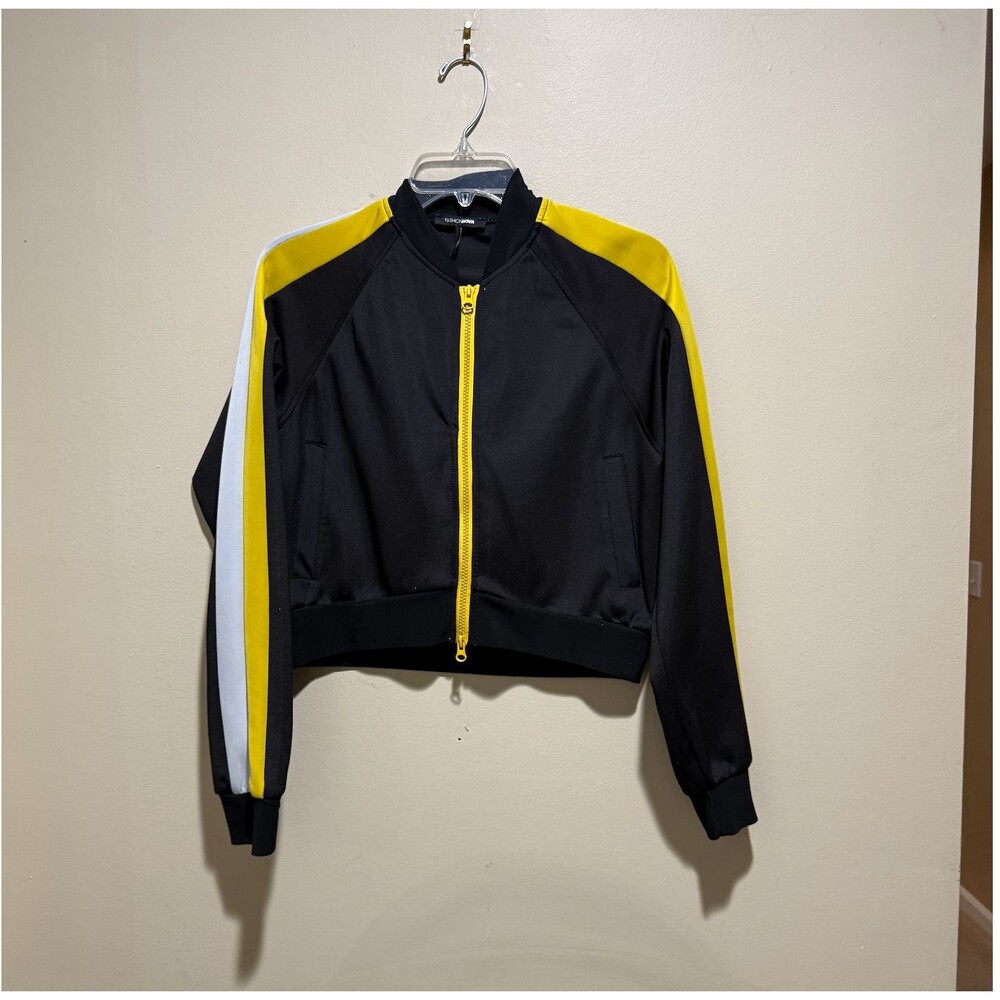 Fashion Nova Black Track Jacket M Striped Sleeve Cropped Zip Up Womens Athletic - Picture 5 of 13